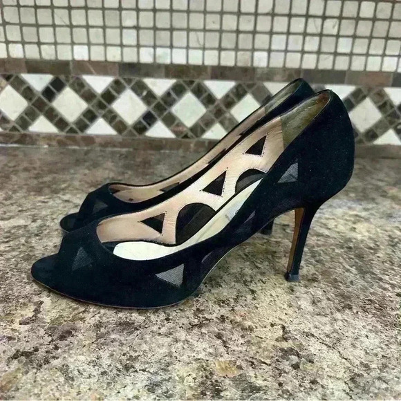 Jimmy Choo Black Suede Mesh Peep Toe Pumps size EU 39.5 Heel height 3.5 Designer - Picture 1 of 9